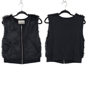 Aiko Womens Vest Faux Vegan‎ Fur Rocker Zip Up Silk Lined Pockets Black XS